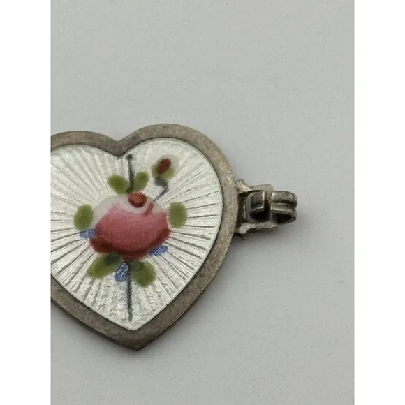 Vintage Sterling Silver Enamel Rose Flower Heart Link Piece For Parts Repair - Picture 5 of 7